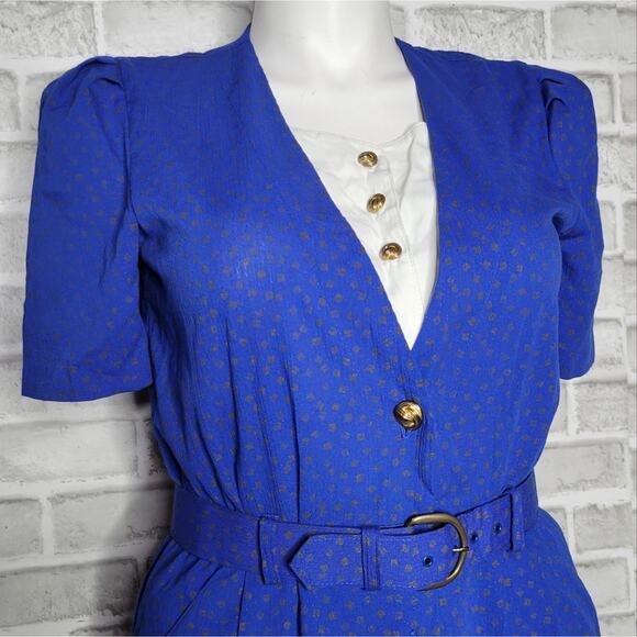 Vintage 80s Peri Petites Blue & Metallic Square Print Dress, size 14 - Picture 2 of 7